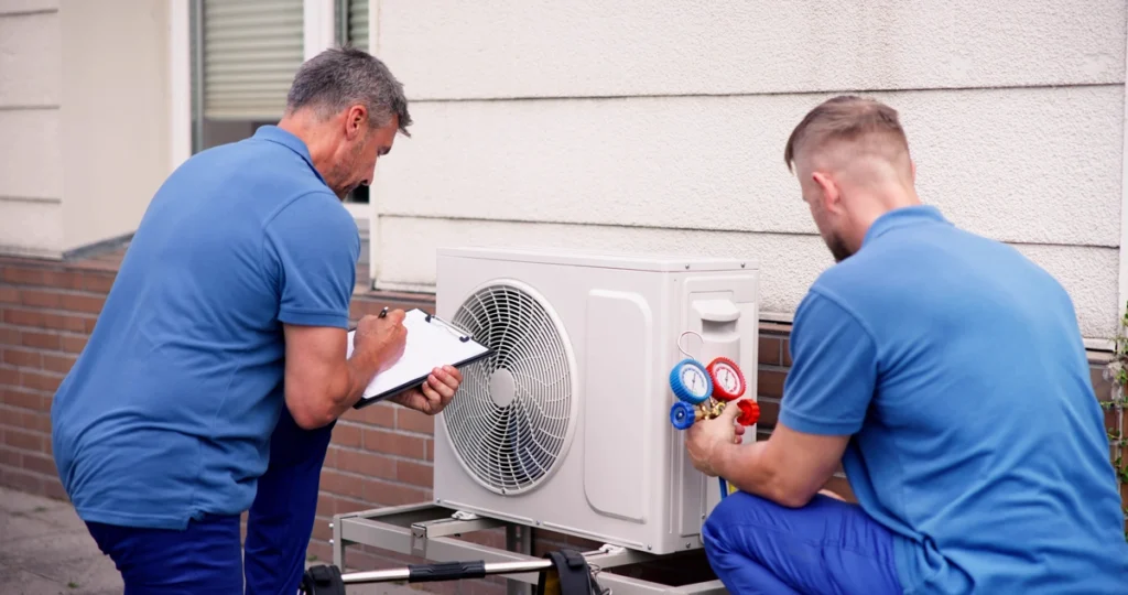 two guys working on a heat pump