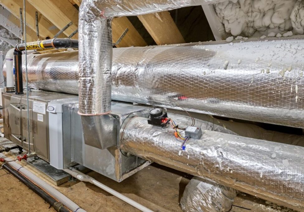 huge furnace ductwork inside modern house in attic