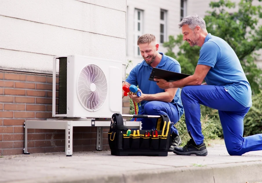 two techs inspecting and maintaining hvac system outside